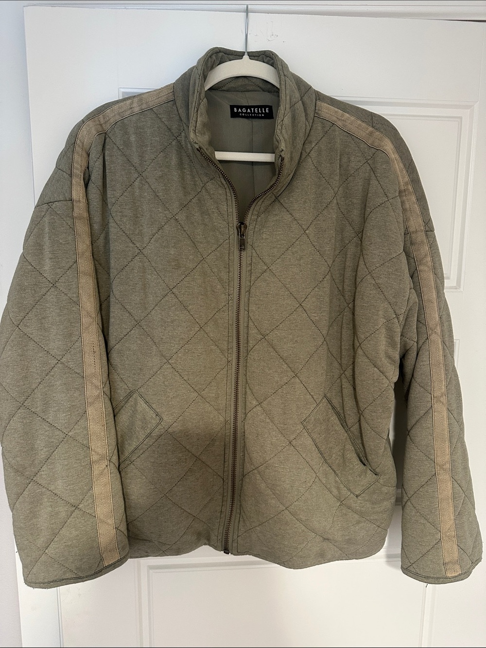 bagatelle Quilted Zip Puffer Jacket in Olive with Tan Stripes